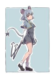 Rule 34 | 1girl, animal ears, black footwear, bow, breasts, capelet, dowsing rod, dress, full body, gem, grey dress, grey hair, gyouza (mhea5724), highres, holding, jewelry, long sleeves, looking at viewer, medium breasts, mouse ears, mouse girl, nazrin, necklace, red eyes, short hair, socks, tail, tail bow, tail ornament, touhou, white socks