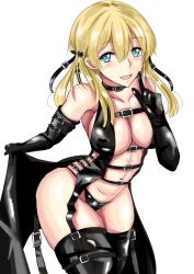 Rule 34 | 1girl, absurdres, aqua eyes, bare shoulders, bdsm, black gloves, black panties, blonde hair, blush, bondage outfit, breasts, buckle, cleavage, clothes lift, collarbone, cowboy shot, elbow gloves, finger to mouth, gloves, hair intakes, hair ribbon, highres, kantai collection, ken (shutenndouji1), latex, latex choker, latex gloves, latex legwear, latex panties, leather, leather choker, long hair, looking at viewer, medium breasts, navel, open mouth, panties, prinz eugen (kancolle), ribbon, skirt, skirt lift, smile, solo, standing, thighhighs, thighs, underwear, white background