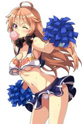 Rule 34 | 1girl, ahoge, azur lane, blue skirt, breasts, brown hair, blowing bubbles, character name, cheering, cheerleader, chewing gum, clothes writing, collarbone, columbia (azur lane), commentary request, cowboy shot, crop top, crop top overhang, highres, holding, holding pom poms, long hair, looking at viewer, macaroni hourensou, medium breasts, midriff, miniskirt, navel, one eye closed, panties, pantyshot, pleated skirt, pom pom (cheerleading), pom poms, red eyes, shirt, simple background, skirt, sleeveless, sleeveless shirt, solo, sweat, underwear, white background, white panties