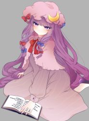 Rule 34 | 1girl, blue bow, book, bow, bowtie, capelet, crescent, dress, grey background, hair bow, hair ornament, hat, highres, long hair, long sleeves, looking at viewer, mob cap, necono (nyu6poko), open book, patchouli knowledge, purple eyes, purple hair, red bow, simple background, sitting, solo, striped clothes, striped dress, touhou, vertical-striped clothes, vertical-striped dress, very long hair