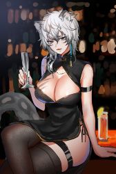 Rule 34 | 1girl, animal ears, arknights, arm strap, arm support, bare arms, bare shoulders, black dress, breasts, china dress, chinese clothes, commentary request, cup, dress, genderswap, genderswap (mtf), grey eyes, highres, holding, holding cup, hominamia, large breasts, crossed legs, leopard ears, leopard tail, long hair, looking at viewer, scar, silver hair, silverash (arknights), sitting, sleeveless, sleeveless dress, smile, solo, tail, thigh strap, thighhighs, thighs