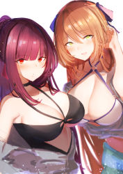 Rule 34 | 2girls, :d, absurdres, alternate costume, alternate hairstyle, bikini, black one-piece swimsuit, blush, breasts, brown hair, girls&#039; frontline, green eyes, hair between eyes, hair ribbon, hair rings, tucking hair, highres, large breasts, light particles, long hair, looking at viewer, multiple girls, o-ring, o-ring top, official alternate costume, one-piece swimsuit, open mouth, parted lips, pnatsu, ponytail, purple hair, red eyes, ribbon, sidelocks, smile, springfield (classic witch) (girls&#039; frontline), springfield (girls&#039; frontline), swimsuit, very long hair, wa2000 (girls&#039; frontline), wa2000 (op. manta ray) (girls&#039; frontline), wading, white bikini