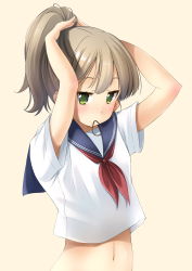 Rule 34 | 1girl, arms up, blue sailor collar, blush, brown background, brown hair, closed mouth, commentary request, crop top, green eyes, hair tie, hair tie in mouth, highres, looking at viewer, mouth hold, navel, neckerchief, original, ponytail, red neckerchief, sailor collar, school uniform, serafuku, shibacha, shirt, short sleeves, simple background, solo, stomach, tying hair, upper body, white shirt