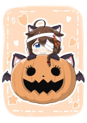 Rule 34 | 1girl, ahoge, alternate costume, animal ears, animal hands, bandages, bat wings, blue eyes, brown hair, cat ears, chibi, commentary request, fang, fang out, gloves, hair between eyes, hair flaps, hair ornament, halloween, highres, jack-o&#039;-lantern, kantai collection, long hair, looking at viewer, paw gloves, pink background, pumpkin, shigure (kancolle), shigure kai ni (kancolle), smile, solo, tenshin amaguri (inobeeto), wings