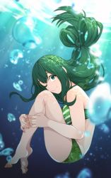 Rule 34 | 1girl, :&gt;, asui tsuyu, bare arms, bare shoulders, barefoot, bikini, black eyes, boku no hero academia, breasts, commentary request, from side, green bikini, green hair, hair between eyes, hair rings, highres, in water, kobaji, large breasts, long hair, looking at viewer, one eye closed, smile, solo, swimsuit, underwater