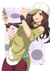 Rule 34 | 1girl, :d, absurdres, baseball cap, black wristband, brown eyes, brown hair, cellphone, commentary request, dutch angle, gaen izuko, green hat, green shirt, hair over one eye, hand on headwear, hands up, hat, headphones, headphones around neck, highres, holding, holding phone, in pocket, jewelry, looking at viewer, monogatari (series), nishizuki shino, off shoulder, open mouth, pants, pendant, phone, red pants, shirt, short sleeves, sideways hat, smartphone, smile, solo, star (symbol), t-shirt, white hat