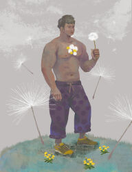 Rule 34 | 1boy, abs, acrylic paint (medium), bara, dark-skinned male, dark skin, flower, flower on chest, flower request, full body, grass, grey sky, highres, holding, large pectorals, long sideburns, looking ahead, male focus, muscular, muscular male, navel, nipples, original, painting (medium), pajamas, pants, pectorals, purple pants, short hair, sideburns, sky, solo, standing, stomach, thick eyebrows, topless male, torajiro art, traditional media, yellow flower