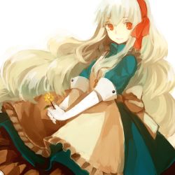 Rule 34 | 1girl, apron, bad id, bad pixiv id, blonde hair, buttoned cuffs, buttons, colored eyelashes, dress, flower, hairband, jewelry, kagerou project, key, kozakura marry, lemontea, long hair, looking at viewer, necklace, red eyes, smile, solo, souzou forest (vocaloid), vocaloid
