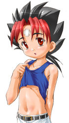 Rule 34 | 00s, 1boy, abs, bandages, belt, blue shirt, lowres, male focus, midriff, multicolored hair, navel, ooya mondo, red eyes, rokumon tengai mon colle knight, shirt, simple background, solo, tank top, two-tone hair
