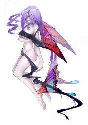 Rule 34 | 1girl, absurdres, antenna hair, arm under breasts, barefoot, breasts, butterfly girl, butterfly wings, cleavage, closed mouth, colored skin, from side, grey skin, highres, insect wings, large breasts, leg wings, long hair, navel, original, purple hair, shadow, solo, teacup (teacup1031), underboob, wings, yellow eyes