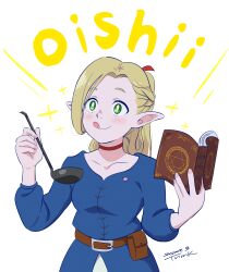 Rule 34 | 1girl, :p, absurdres, belt, belt pouch, blonde hair, blue robe, blush, book, braid, bright pupils, brown belt, choker, collarbone, dated, dungeon meshi, elf, grimoire, highres, holding, holding book, holding ladle, ladle, long hair, looking up, marcille donato, pointy ears, ponytail, pouch, red choker, robe, signature, solo, tongue, tongue out, tsunemoku, white background, white pupils