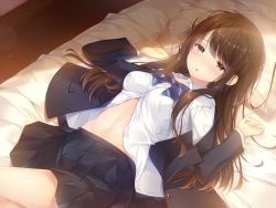 Rule 34 | 1girl, bed, bed sheet, black jacket, black skirt, blazer, blue bow, blue bowtie, bow, bowtie, breasts, brown eyes, brown hair, commentary request, day, from above, half-closed eyes, hands up, indoors, jacket, knee up, long hair, lying, medium breasts, medium skirt, navel, noda shuha, on back, on bed, open clothes, open jacket, original, pink hair, plaid, plaid bow, plaid bowtie, plaid neckwear, pleated skirt, school uniform, shirt, skirt, solo, stomach, straight hair, sunlight, unbuttoned, very long hair, white shirt, wooden floor