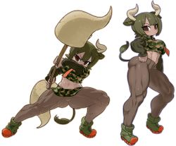 Rule 34 | 1girl, animal ears, animal print, arm at side, aurochs (kemono friends), breasts, brown eyes, brown pantyhose, camouflage, camouflage shirt, camouflage skirt, collared shirt, cow girl, cow horns, cow print, cow tail, cropped shirt, dark-skinned female, dark skin, empty eyes, fighting stance, full body, green hair, hand on own hip, highres, holding, holding polearm, holding weapon, horizontal pupils, horn lance, horns, kemono friends, kuro (kurojill), lance, layered sleeves, long sleeves, looking at viewer, medium hair, microskirt, midriff, multiple views, muscular, muscular female, navel, necktie, no pants, pantyhose, polearm, print shirt, print skirt, shirt, shoes, short over long sleeves, short sleeves, simple background, skirt, spread legs, standing, stomach, tail, tan, thick thighs, thighs, v-shaped eyebrows, weapon, white background, wing collar