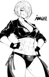 Rule 34 | 1girl, abs, absurdres, alternate muscle size, angel (kof), backless pants, bra, breasts, chaps, cleavage, crop top, cropped jacket, fingerless gloves, gloves, greyscale, hair over one eye, highres, jacket, large breasts, leather, leather jacket, licking lips, looking at viewer, midriff, monochrome, muscular, muscular female, narrowed eyes, navel, obliques, panties, pants, short hair, simple background, smile, snk, solo, stomach, strapless, strapless bra, the king of fighters, the king of fighters xiv, thick thighs, thighs, toned, tongue, tongue out, underwear, white hair, yones81239278