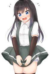 Rule 34 | 1girl, arm warmers, asashio (kancolle), black hair, black thighhighs, blue eyes, blush, breasts, collared shirt, comiching, covering privates, covering crotch, cowboy shot, embarrassed, grey skirt, hair between eyes, highres, kantai collection, long hair, looking at viewer, open mouth, panties, pleated skirt, school uniform, shirt, short sleeves, simple background, skirt, small breasts, solo, suspender skirt, suspenders, sweatdrop, thighhighs, underwear, white background, white shirt, wind, wind lift