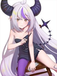Rule 34 | 1girl, absurdres, ahoge, bare shoulders, blush, breasts, chair, food, highres, holding, holding food, holding pocky, hololive, horns, la+ darknesss, long hair, looking at viewer, multicolored hair, nail polish, paid reward available, pocky, pointy ears, purple nails, purple thighhighs, simple background, sitting, small breasts, smile, solo, streaked hair, tail, thighhighs, very long hair, virtual youtuber, white background, yellow eyes, yukinashi