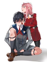 Rule 34 | 10s, 1boy, 1girl, absurdres, black hair, black pantyhose, blood, blood on face, blood on hands, blue eyes, blush, boots, brown footwear, commentary request, couple, darling in the franxx, fang, fringe trim, gloves, green eyes, hair ornament, hairband, hand on another&#039;s head, hetero, highres, hiro (darling in the franxx), horns, kneeling, long hair, long sleeves, military, military uniform, necktie, oni horns, orange neckwear, pantyhose, pink hair, red horns, red neckwear, shoes, short hair, simple background, sitting, socks, ssamjang (misosan), uniform, white background, white footwear, white gloves, white hairband, zero two (darling in the franxx)
