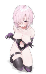 Rule 34 | 1girl, asymmetrical legwear, bare shoulders, black gloves, breasts, cleavage, collarbone, elbow gloves, fate/grand order, fate (series), full body, gloves, hair over one eye, highleg, highres, kneeling, large breasts, looking at viewer, mash kyrielight, mitsudoue, navel, parted lips, pink hair, purple eyes, shiny clothes, simple background, solo, thighhighs, thighs, uneven legwear, white background