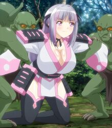 Rule 34 | 1girl, blush, breasts, captured, claws, closed mouth, colored skin, eyebrows, forest, goblin, goblin male, goblin no suana, green skin, grey hair, hairband, highres, holding, holding arms, huge breasts, kneeling, legs, long hair, monster, multiple boys, nature, outdoors, pink eyes, revealing clothes, samurai, sayuki (goblin no suana), screencap, standing, teeth, thick thighs, thighhighs, thighs, tree, white skin, yellow eyes