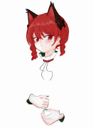 Rule 34 | 1girl, :/, absurdres, animal ears, artist request, black bow, bow, braid, cat ears, closed mouth, extra ears, green nails, hair between eyes, hair bow, highres, invisible torso, kaenbyou rin, light blush, looking to the side, nail polish, red eyes, red hair, short hair, simple background, slit pupils, solo, touhou, twin braids, upper body, white background