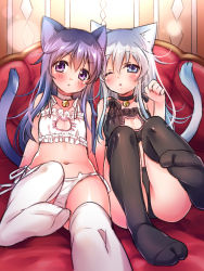 Rule 34 | 10s, 2girls, ;o, akatsuki (kancolle), alternate costume, animal ears, argyle, bad id, bad pixiv id, bell, black legwear, black panties, blue eyes, blue hair, blush, breasts, cat cutout, cat ear panties, cat ears, cat lingerie, cat tail, choker, cleavage cutout, clothing cutout, couch, eyebrows, feet, frills, hibiki (kancolle), jingle bell, kantai collection, kemonomimi mode, long hair, looking at viewer, meme attire, multiple girls, navel, neck bell, no shoes, one eye closed, panties, paw pose, pout, purple eyes, purple hair, sasachin (k+w), side-by-side, side-tie panties, sitting, small breasts, stomach, tail, toe scrunch, underwear, underwear only, white legwear, white panties