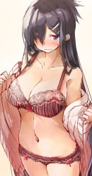 Rule 34 | 1girl, @ @, absurdres, bare shoulders, black hair, blush, bra, breasts, cardigan, cleavage, collarbone, cowboy shot, daidou (demitasse), embarrassed, frown, gradient background, hair ornament, hair over one eye, hairclip, highres, long hair, long sleeves, looking away, looking down, medium breasts, navel, official art, open cardigan, open clothes, original, panties, purple eyes, red bra, red panties, sketch, sleeves past wrists, solo, standing, stomach, straight hair, striped bra, striped clothes, sweatdrop, underwear, undressing, vertical-striped bra, vertical-striped clothes, very long hair, yellow background