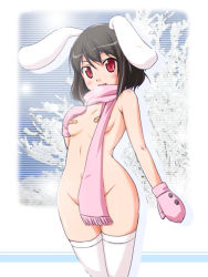 Rule 34 | 1girl, animal ears, bandaid, bandaids on nipples, barefoot, breath, brown hair, censored, convenient censoring, cowboy shot, female focus, groin, hip focus, inaba tewi, mittens, naked scarf, natsumi akira, nude, open mouth, pasties, pink scarf, rabbit ears, red eyes, scarf, short hair, smile, solo, thighhighs, touhou, white thighhighs