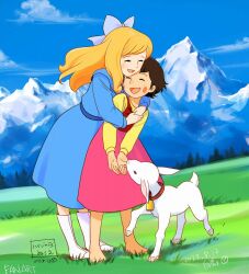 Rule 34 | 2girls, alps no shoujo heidi, artist name, blonde hair, blue sky, bow, closed eyes, cloud, dated, day, dog, dress, grass, hair bow, long hair, multiple girls, outdoors, signature, sky, smile, twitter username, watermark, web address, yume meisaku