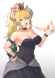 Rule 34 | 1girl, armlet, bare shoulders, black dress, black nails, blonde hair, blue eyes, borrowed design, bowsette, bracelet, breasts, breath weapon, breathing fire, cleavage, collar, collarbone, crown, dress, earrings, fangs, fire, hand on own hip, highres, horns, itohana, jewelry, large breasts, looking at viewer, mario (series), nail polish, new super mario bros. u deluxe, nintendo, open mouth, ponytail, sharp teeth, solo, spiked bracelet, spiked collar, spikes, strapless, strapless dress, super crown, teeth, turtle shell