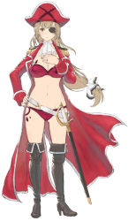 Rule 34 | 1girl, ahoge, amagi brilliant park, ascot, belt, bikini, blush, boots, breasts, brown eyes, brown footwear, cloak, epaulettes, eyepatch, full body, gluteal fold, hand on own hip, hand on own chest, hat, high heel boots, high heels, iwauchi tomoki, large breasts, light blush, light brown hair, long hair, looking at viewer, low-tied long hair, navel, one eye covered, open cloak, open clothes, parted lips, pirate, pirate costume, pirate hat, red bikini, red cloak, scabbard, sento isuzu, sheath, solo, standing, swimsuit, sword, thigh boots, thighhighs, weapon, white ascot