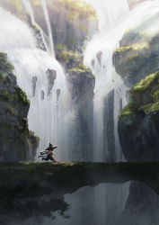 Rule 34 | 1girl, absurdres, cliff, couldoh, hagoromo, hat, highres, japanese clothes, kimono, outdoors, red kimono, rice hat, running, sakuna-hime, scenery, shawl, solo, sunlight, tensui no sakuna-hime, water, waterfall