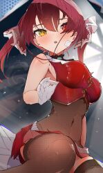 Rule 34 | 1girl, absurdres, bandaid, bandaid on face, black choker, black thighhighs, blush, breasts, choker, covered navel, cropped jacket, frilled choker, frills, gloves, hair ribbon, heterochromia, highres, hololive, houshou marine, houshou marine (1st costume), jacket, large breasts, leotard, leotard under clothes, long hair, looking at viewer, miniskirt, open mouth, pleated skirt, red eyes, red hair, red jacket, red ribbon, red skirt, ribbon, sakusa nn, skirt, sleeveless, sleeveless jacket, solo, thighhighs, twintails, virtual youtuber, white gloves, yellow eyes
