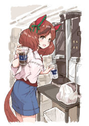 Rule 34 | 1girl, animal ears, bag, blouse, blue skirt, blush, brown hair, coffee maker, commentary request, cowboy shot, cropped legs, cup, disposable cup, grey eyes, highres, holding, holding cup, horse ears, horse girl, horse tail, looking at viewer, medium hair, multicolored hair, nice nature (umamusume), open mouth, plastic bag, red shirt, satomura kyou, shirt, short twintails, skirt, solo, streaked hair, tail, trash can, twintails, umamusume, white shirt