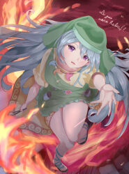 Rule 34 | 1girl, blue hair, commentary request, dress, english text, fire, full body, green dress, green headwear, haniyasushin keiki, head scarf, highres, jewelry, kulukulu3333, long hair, looking at viewer, magatama, magatama necklace, necklace, open mouth, purple eyes, shirt, short sleeves, solo, thighs, touhou, yellow shirt