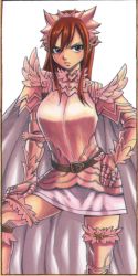 Rule 34 | 1girl, armor, belt, boots, brown eyes, cape, erza scarlet, fairy tail, frown, gauntlets, hand on own hip, hip focus, long hair, mashima hiro, official art, pink theme, red hair, skirt, solo, thigh boots, thighhighs, tiara