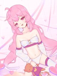 Rule 34 | 1girl, ahoge, belly, breasts, commission, doll, eien project, fang, heart, highres, kiki lockheart, long hair, looking at viewer, navel, open mouth, panties, pink eyes, pink hair, simple background, small breasts, underwear, virtual youtuber, white panties