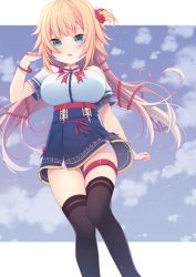 Rule 34 | 1girl, akai haato, akai haato (1st costume), black thighhighs, blonde hair, blue eyes, blue sky, blush, breasts, cloud, hair ornament, heart, highres, hololive, large breasts, limepantsu, long hair, looking at viewer, open mouth, sky, thigh strap, thighhighs, virtual youtuber