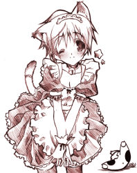 Rule 34 | 1girl, animal ears, anus, bad id, bell, blush, breasts, cat ears, cat tail, cleavage, gloves, highres, hirasawa ui, jingle bell, k-on!, looking at viewer, maid, monochrome, one eye closed, senomoto hisashi, short hair, simple background, smile, solo, star (symbol), tail, white background, wink