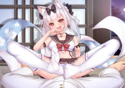 Rule 34 | 1boy, 1girl, :d, anchor choker, animal ear fluff, animal ears, arm ribbon, azur lane, bare shoulders, barefoot, black bow, black sailor collar, black skirt, blush, bow, breasts, cat ears, collarbone, commander (azur lane), commentary request, drop shadow, fang, full body, garter straps, hair bow, half updo, hand to own mouth, hand up, heart, heart-shaped pupils, indoors, jacket, long hair, looking at viewer, lower body, lying, midriff, military, military jacket, military uniform, moon, naval uniform, navel, night, no shoes, on back, open mouth, pants, pleated skirt, pov, red bow, red eyes, ribbon, ribbon-trimmed legwear, ribbon trim, sailor collar, sexually suggestive, shirt, sidelocks, silver hair, sitting, skirt, sleeveless, sleeveless shirt, sliding doors, smile, solo focus, sweat, symbol-shaped pupils, tatami, thighhighs, twintails, uniform, white jacket, white pants, white thighhighs, yoshiheihe, yukikaze (azur lane)