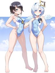 Rule 34 | 2girls, amane kanata, angel wings, aqua eyes, ayagi daifuku, bare legs, barefoot, blue hair, blue one-piece swimsuit, blush, breasts, brown hair, closed mouth, commentary request, competition swimsuit, covered navel, feathered wings, full body, grey hair, groin, halo, hand on own hip, highleg, highleg swimsuit, highres, hololive, looking at viewer, medium breasts, mini wings, multicolored hair, multiple girls, one-piece swimsuit, oozora subaru, pink hair, short hair, sidelocks, single hair intake, small breasts, smile, standing, star halo, stopwatch, stopwatch around neck, streaked hair, swimsuit, teeth, towel, two-tone swimsuit, virtual youtuber, watch, wet, wings