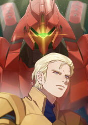 Rule 34 | 1boy, artist logo, blonde hair, blue eyes, bodysuit, char&#039;s counterattack, char aznable, closed mouth, commentary request, glowing, glowing eye, green eyes, gundam, highres, light frown, light particles, looking ahead, looking at viewer, mecha, mobile suit, normal suit, one-eyed, portrait, robot, sazabi, science fiction, short hair, spacesuit, ususio 11, yellow bodysuit