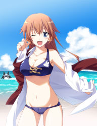 Rule 34 | 1girl, :d, beach, bikini, bikini under clothes, blue eyes, blush, breasts, brown hair, charlotte e. yeager, cleavage, cloud, day, highres, large breasts, long hair, military, military uniform, miyafuji yoshika, navel, number23, one eye closed, open clothes, open mouth, open shirt, outdoors, shirt, silhouette demon, smile, solo focus, strike witches, swimsuit, swimsuit under clothes, tankini, undressing, uniform, wink, world witches series