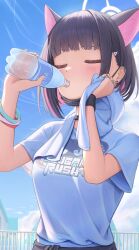 Rule 34 | 1girl, animal ears, black hair, black mask, blue archive, blue sky, blush, bottle, breasts, cat ears, closed eyes, cloud, colored inner hair, commentary request, cowboy shot, day, drinking, extra ears, halo, hands up, highres, holding, holding bottle, holding towel, kamota (kamotadm), kazusa (band) (blue archive), kazusa (blue archive), mask, mask around neck, medium breasts, multicolored hair, outdoors, pink hair, pink halo, short hair, sky, solo, towel, water bottle, wristband