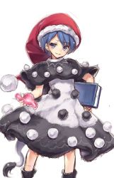 Rule 34 | 1girl, blue eyes, blue hair, book, capelet, doremy sweet, hat, highres, holding, holding book, looking at viewer, nightcap, oborofu, pom pom (clothes), short hair, simple background, smile, solo, standing, tail, touhou, white background