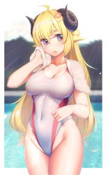 Rule 34 | 1girl, :o, ahoge, animal ears, bare arms, bespectacled, blonde hair, breasts, cleavage, collarbone, commentary request, competition swimsuit, covered navel, cowboy shot, day, glasses, groin, hair ornament, hairclip, head tilt, highleg, highleg swimsuit, highres, hololive, horns, large breasts, legs together, light rays, long hair, looking at viewer, one-piece swimsuit, open mouth, outdoors, pool, purple eyes, red-framed eyewear, rotix, semi-rimless eyewear, sheep ears, sheep girl, sheep horns, shiny clothes, shiny skin, sidelocks, solo, standing, sunlight, swimsuit, taut clothes, taut swimsuit, towel, towel around neck, tsunomaki watame, virtual youtuber, wet, wet clothes, white one-piece swimsuit, wiping face