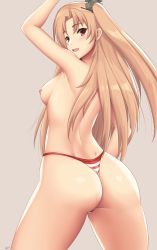 Rule 34 | 1girl, arcie albano, ass, azur lane, beige background, blonde hair, breasts, cleveland (azur lane), cowboy shot, hair ornament, highres, nipples, no bra, one side up, parted bangs, ponytail, red eyes, signature, small breasts, solo, third-party edit