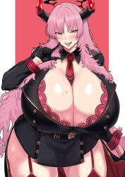 Rule 34 | absurdres, between breasts, blue archive, breasts, cleavage, cowboy shot, demon girl, demon horns, enoyumisan, garter straps, highres, horns, huge breasts, leaning forward, looking at viewer, mole, mole on breast, necktie, necktie between breasts, orange eyes, pink hair, red necktie, red thighhighs, satsuki (blue archive), shiny skin, skindentation, standing, thick thighs, thighhighs, thighs, wide hips