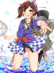 Rule 34 | 10s, 1girl, anchor symbol, backpack, bag, black socks, blush, bow, brown hair, clothes writing, collarbone, cotton candy, eyebrows, food, foreshortening, fubuki (kancolle), full body, green eyes, grey footwear, hachimaki, hairband, happi, headband, highres, holding, holding food, japanese clothes, jumping, kantai collection, kneehighs, looking at viewer, machinery, nejiri hachimaki, ocean, open mouth, outstretched arm, over shoulder, panties, pantyshot, pikacchi, red bow, robe, round teeth, shoes, short hair, socks, solo, splashing, sweets, tareme, teeth, underwear, water, water drop, white panties