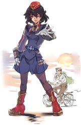Rule 34 | 1boy, 1girl, bicycle, blue hair, breasts, brown eyes, closed mouth, earrings, enil aidem, full body, gloves, hanakuso, hat, jewelry, looking at viewer, medium hair, necktie, pantyhose, simple background, skirt, smile, uniform, wild arms, wild arms 4