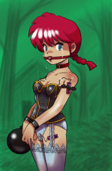 Rule 34 | 1girl, ball gag, bdsm, bondage, bound, collar, gag, gagged, gender request, genderswap, highres, ranma-chan, ranma 1/2, red hair, saotome ranma, sex toy, sexually suggestive, tears, vibrator, vibrator under clothes